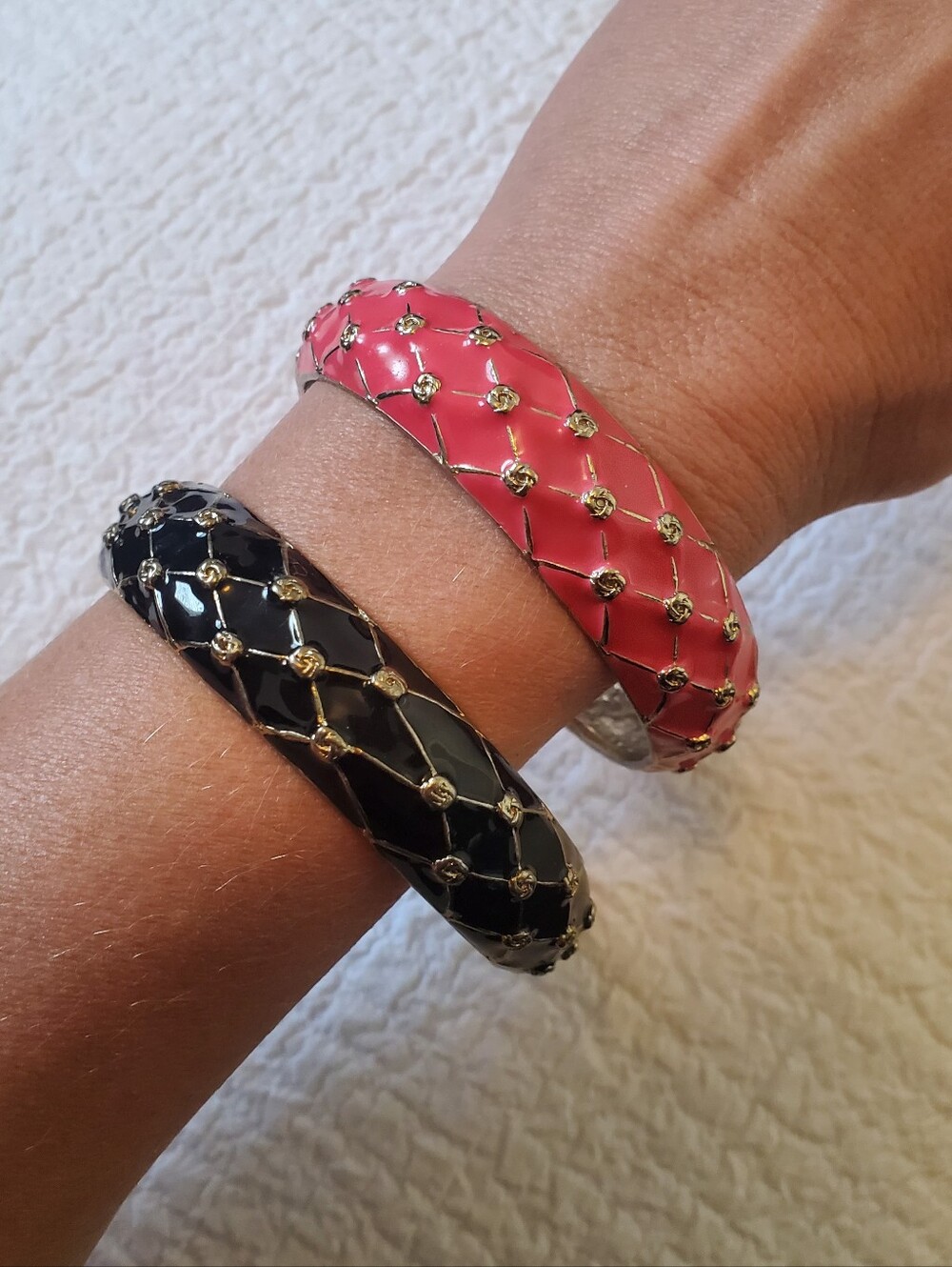Set Of Pink Coral And Black Enamel Bangle Bracelets With Silver Toned Design